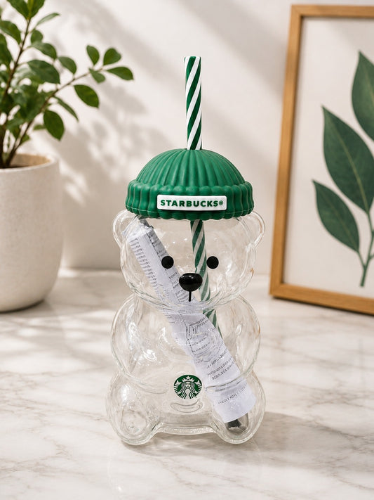 Starbucks Bear-Shaped Cold Cup with Straw & Green Lid – Reusable Tumbler Drink Cup, Collectible Gift