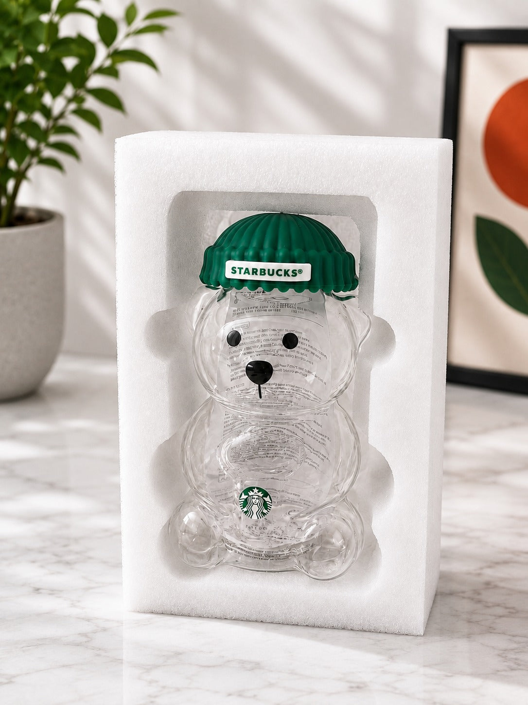 Starbucks Bear-Shaped Cold Cup with Straw & Green Lid – Reusable Tumbler Drink Cup, Collectible Gift