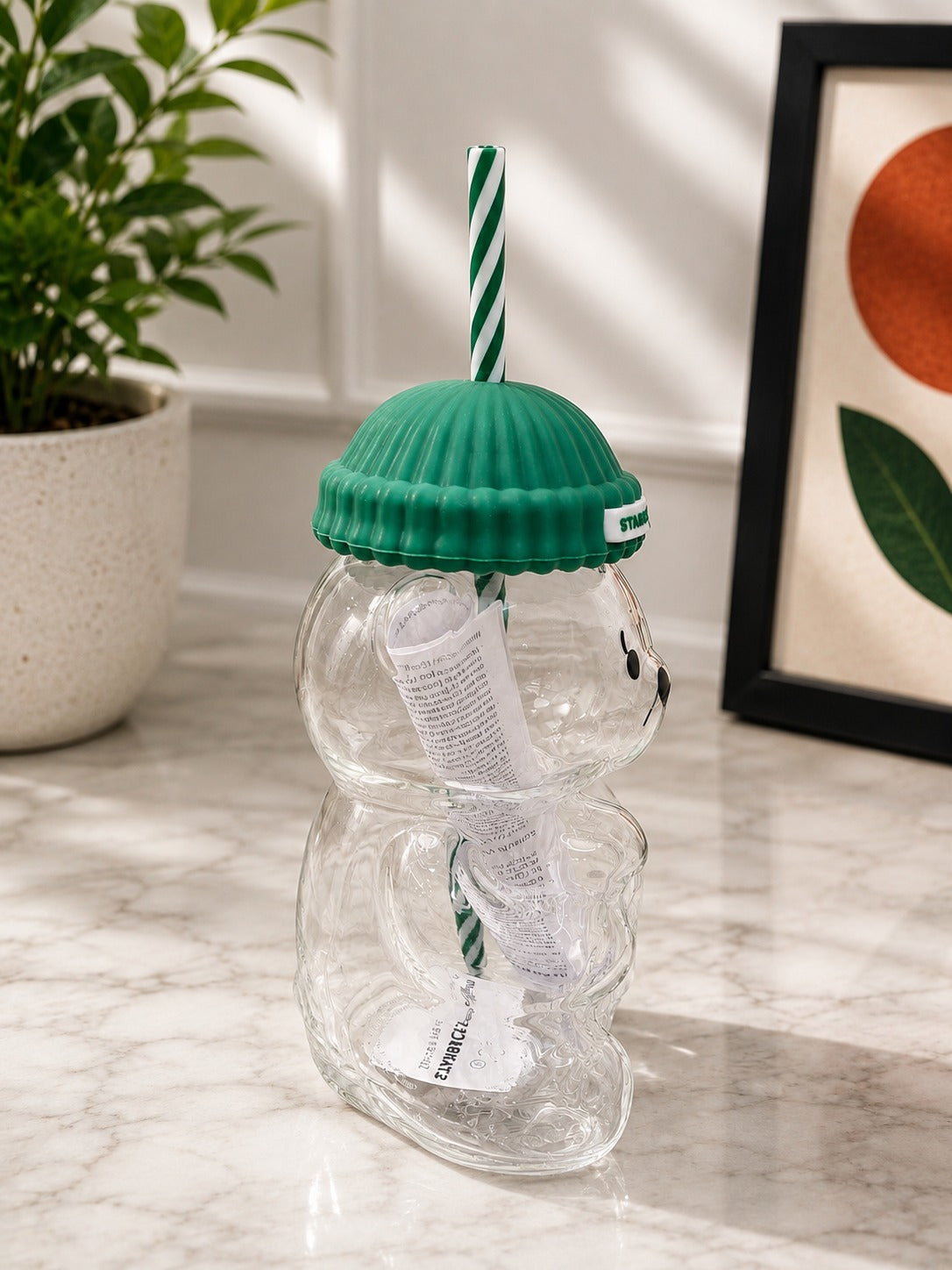 Starbucks Bear-Shaped Cold Cup with Straw & Green Lid – Reusable Tumbler Drink Cup, Collectible Gift