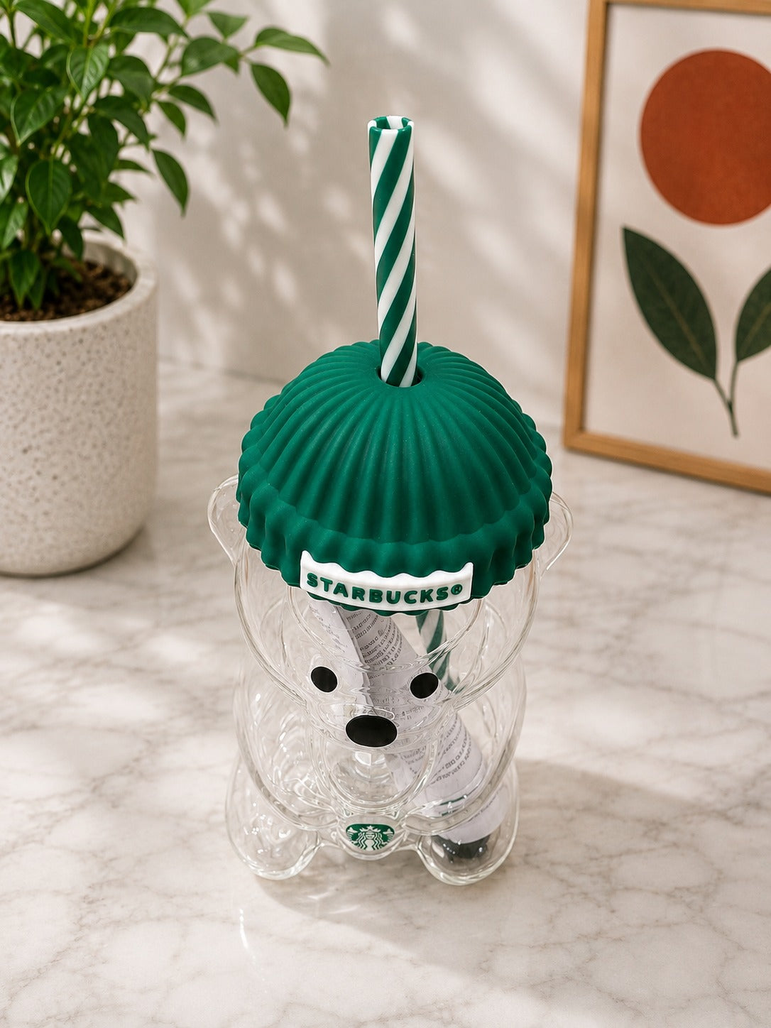Starbucks Bear-Shaped Cold Cup with Straw & Green Lid – Reusable Tumbler Drink Cup, Collectible Gift
