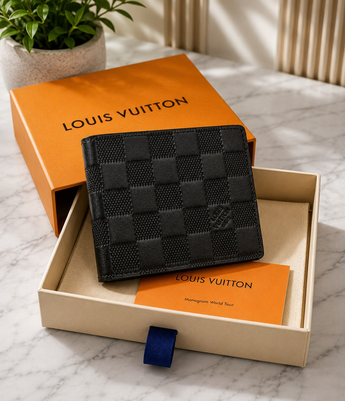 Men’s Black Checkered Bifold Wallet – Luxury Leather Card Holder & Slim Pocket Wallet
