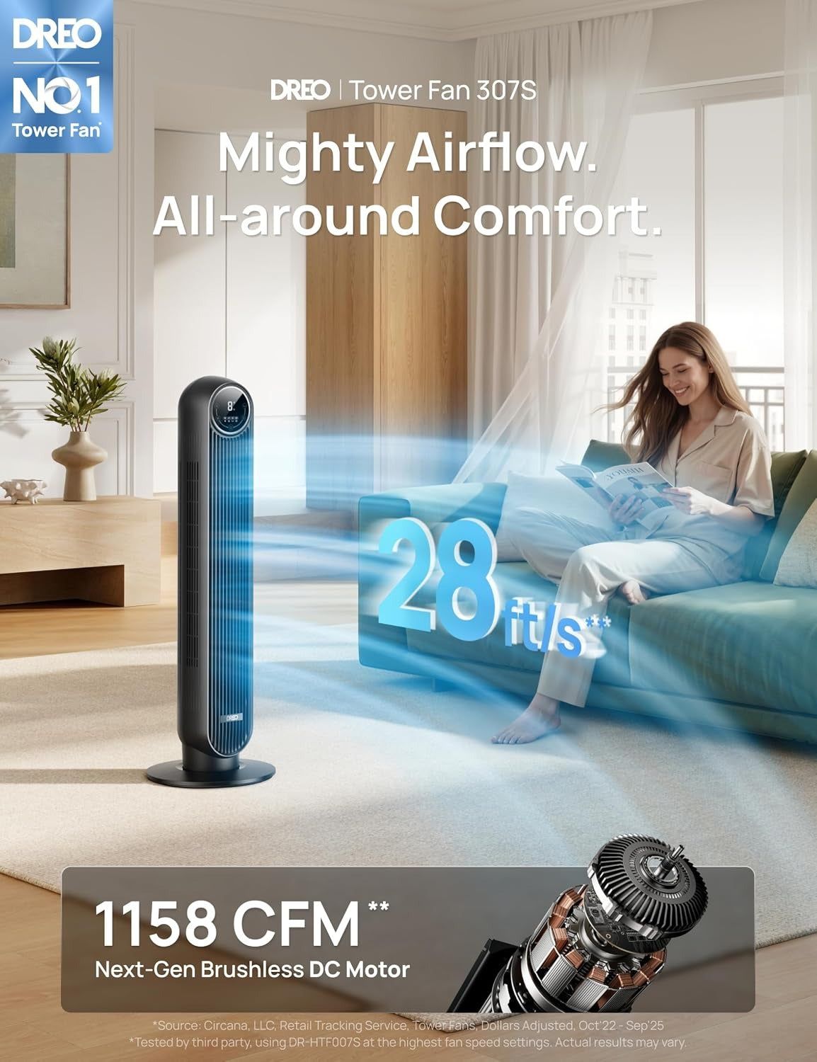 Dreo Nomad One S Tower Fan – Smart Oscillating Floor Fan with Remote Control & App Control