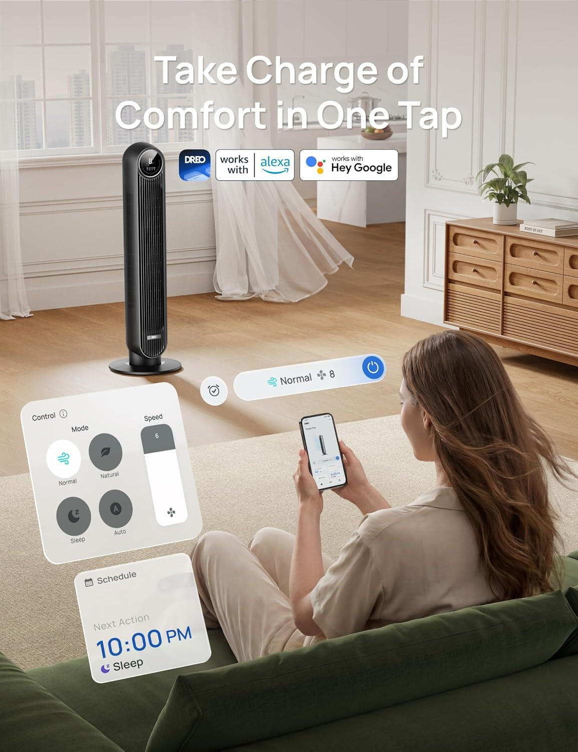 Dreo Nomad One S Tower Fan – Smart Oscillating Floor Fan with Remote Control & App Control