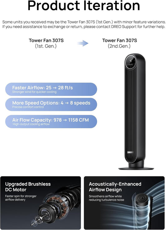 Dreo Nomad One S Tower Fan – Smart Oscillating Floor Fan with Remote Control & App Control